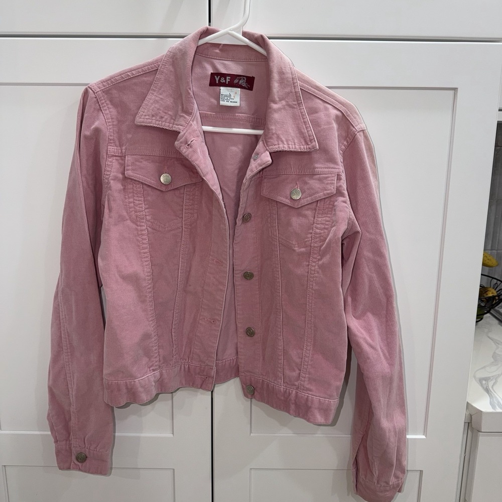 Y&F Womens Large Pink Stretch Corduroy Trucker Jacket Button Front Cotton